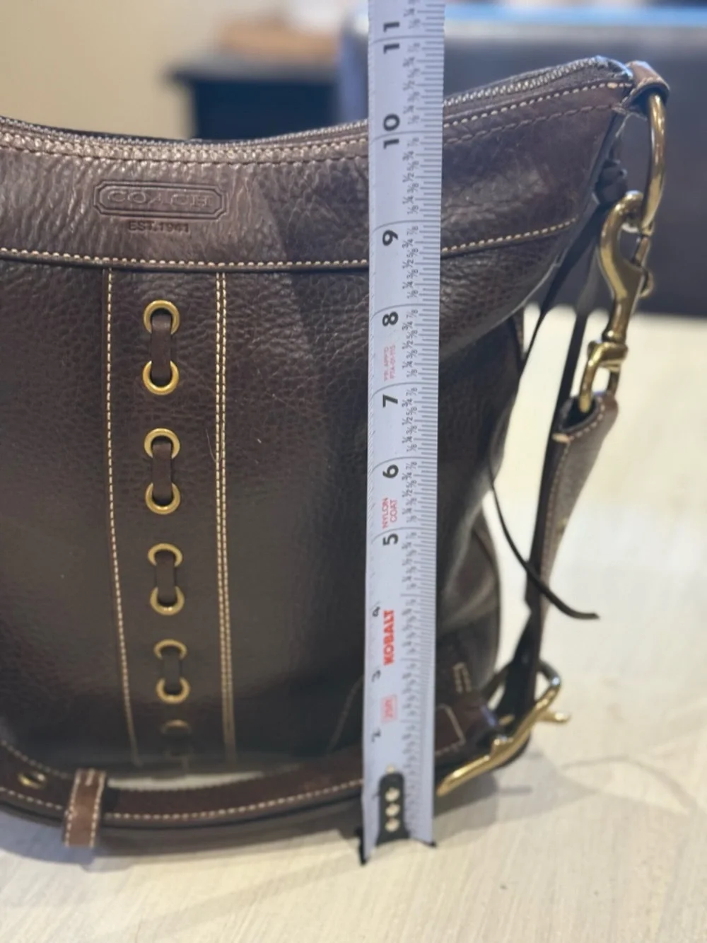 Coach Bleeker Dark Brown Pebbled Leather Messenger/Bucket Bag with Brass